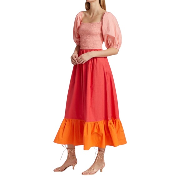 Rhode Eloise Puff Sleeve Colorblock Midi Dress in Strawberry Multi Colored US M - Picture 1 of 15